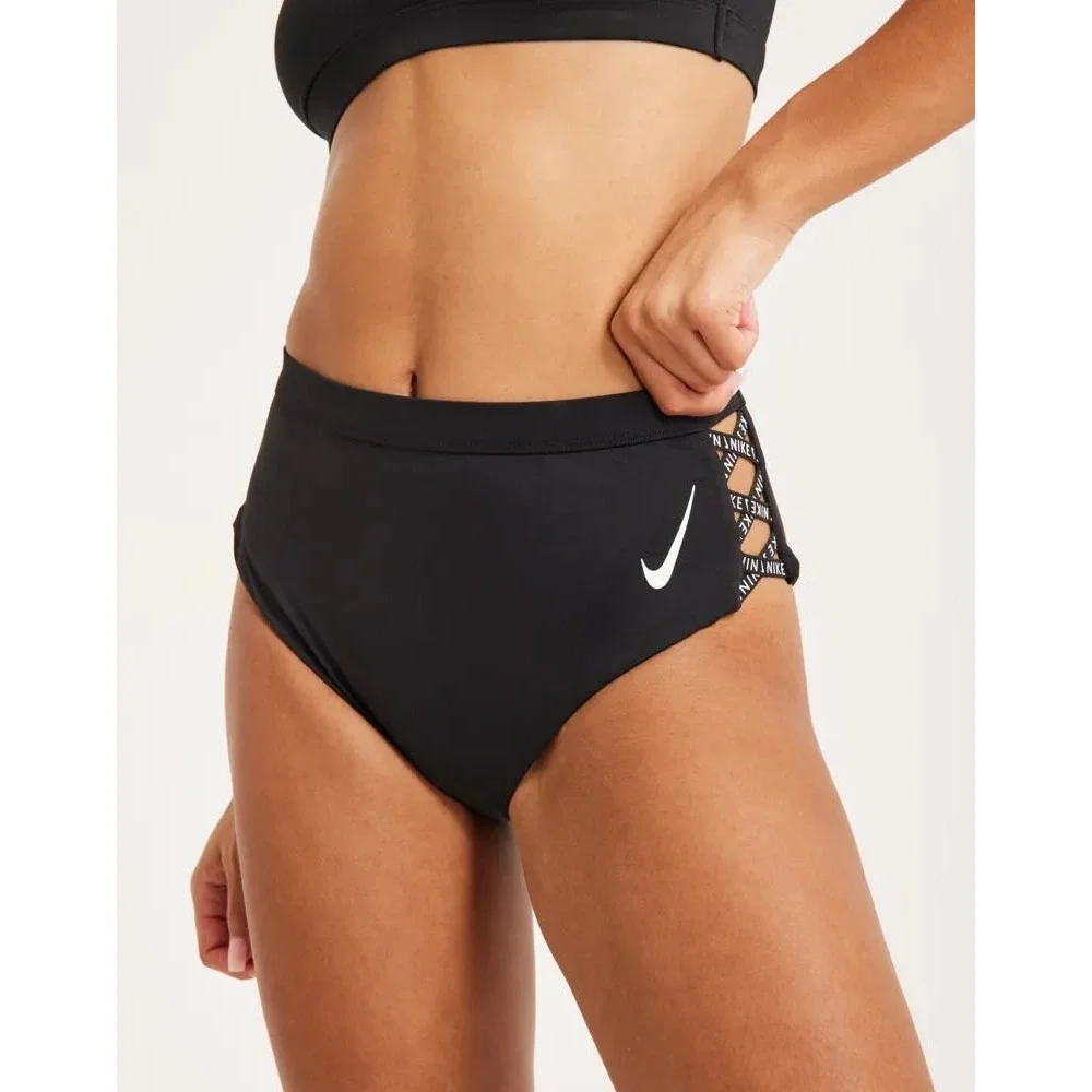 Nike Womens Black Sneakerkini High Waist Logo Cheeky Bikini Bottom Large NEW